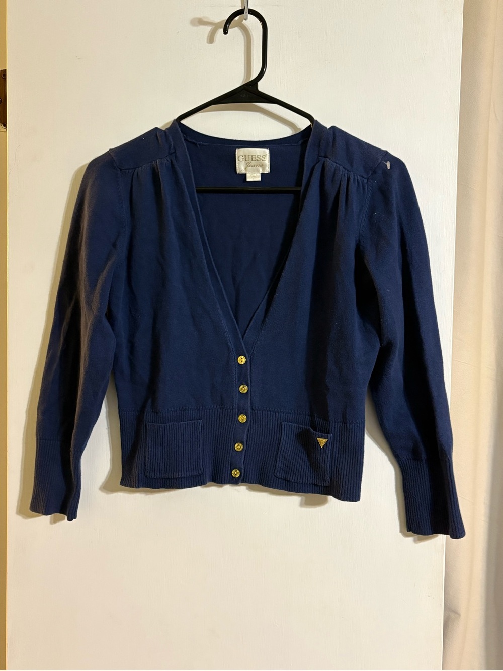 GUESS Navy V-Neck Gold-Button Knit Cardigan